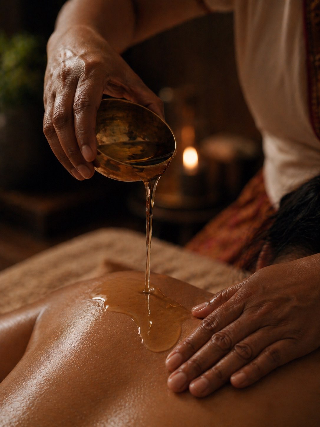 Oil massage with warm oil on a massage table