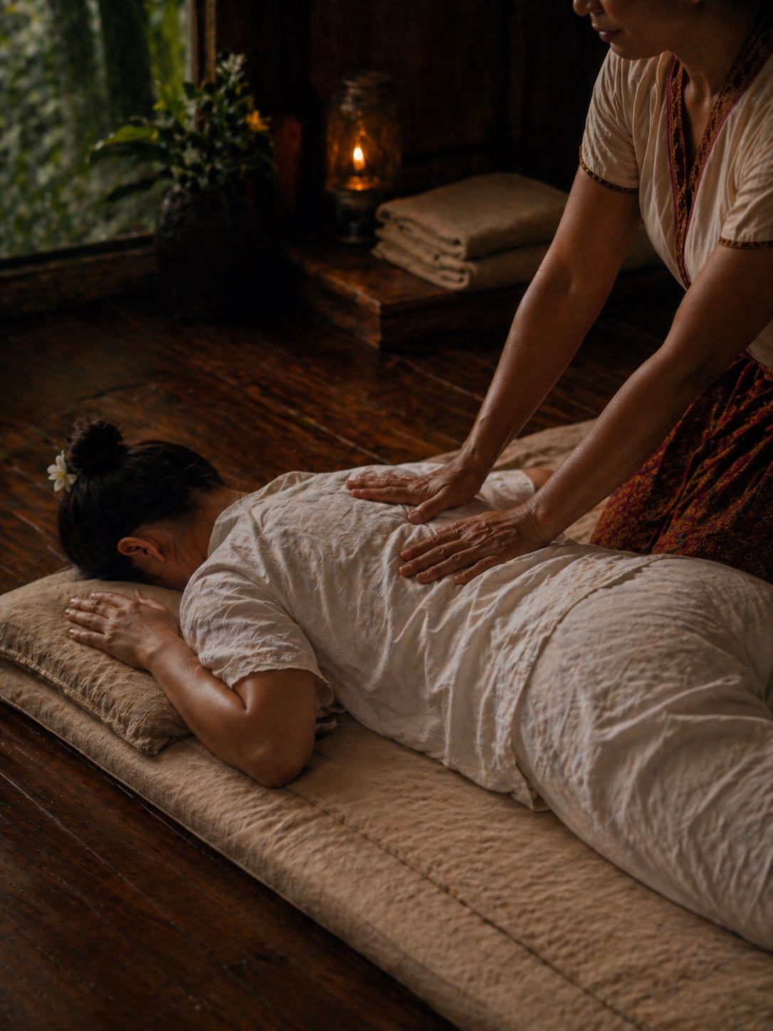 Traditional Thai massage on a mat
